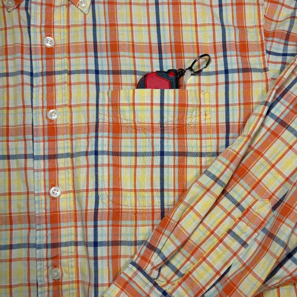 LL Bean OCBD Long Sleeve Shirt Mens Large Plaid Orange Yellow Blue Outdoor PB47 - Picture 5 of 8